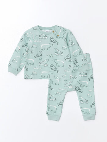 LCW Baby Green Printed Bicycle Neck Cardigan and Pants Set for Baby Boys