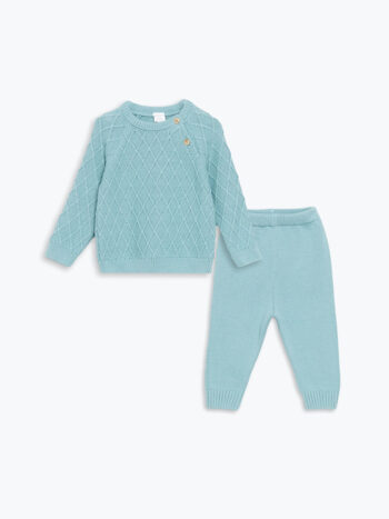 LCW Baby Green Bicycle Neck Knit Sweater and Pants Set for Boys