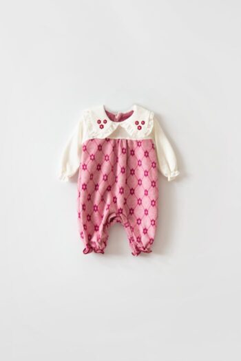 Girls' Romper with Collar and Jacquard Pattern