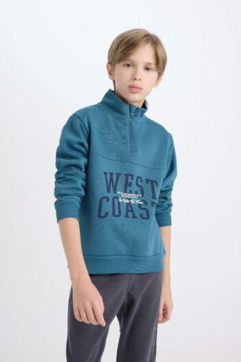 Boys' Half-Zip Printed Thick Sweatshirt with Stand-Up Collar