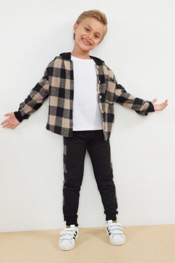 TRENDYOLKIDS Black 3-Piece Boys' Checkered T-Shirt Pants Shirt Set Cotton Knitted Top-Bottom Set TKDAW25AU00064
