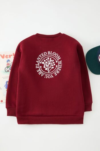 TRENDYOLKIDS Burgundy Printed Back Crew Neck Knit Mini Me Sweatshirt TKDAW25SW00115