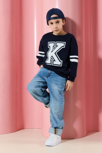 TRENDYOLKIDS Navy Blue*001 Boys Printed School Cotton Knitted Sweatshirt TKDAW25SW00014