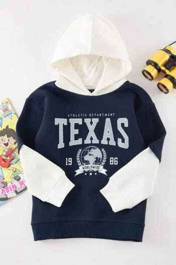 TRENDYOLKIDS Off-White Boys' Hooded Slogan Printed Color Block Knitted Sweatshirt TKDAW25SW00133
