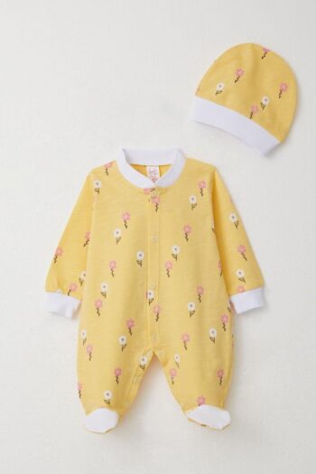 Baby Girl Footed Romper with Colorful Floral Pattern in Yellow (0-6 Months)