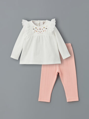 LCW Baby Ekru Floral Short Sleeve Top and Leggings Set for Girls