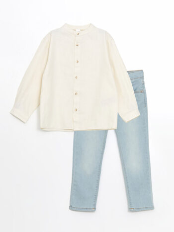 LCW Kids Ekru Mandarin Collar Long Sleeve Boy's Shirt and Jean Pants Set