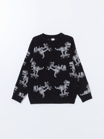 LCW Kids Black Crew Neck Printed Boys' Knit Sweater