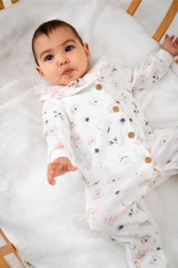 Bubbles Organic Fabric Front Button Lace Embellished Baby Girl Jumpsuit