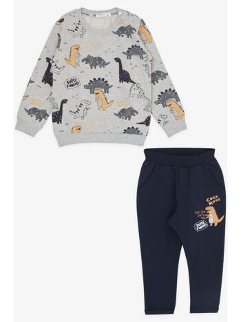 Breeze Men's Baby Tracksuit Set with Cheerful Animal Print in Grey Melange (9 Months - 3 Years)