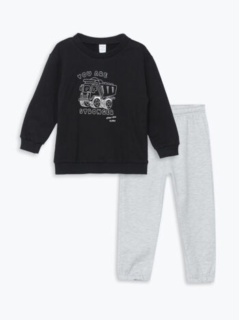 LCW Baby Black Crew Neck Printed Baby Boy Sweatshirt and Sweatpants 2-Piece Set