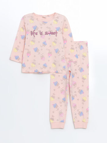 LCW Kids Pink Printed Round Neck Pajama Set for Girls
