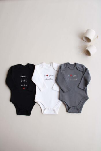 3-Piece Embroidered Snap-Button Long Sleeve Bodysuit and Romper Set Model 7