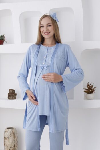ERDENİZ TEXTILES Long Sleeve Button-Down Maternity-Pajama Set with Robe - 3-Piece Set