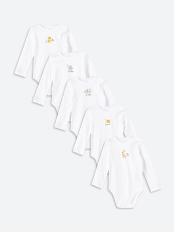 LCW Baby Cream Bicycle Neck Printed Boy's Baby Snap-Button Bodysuit Set of 5