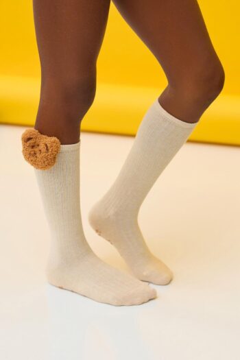 Katia & Bony Girls' Bear Detail Knee-High Socks Beige Melange