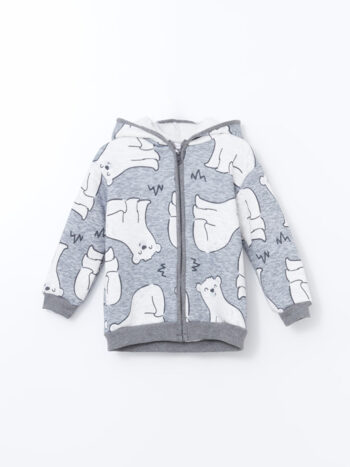 LCW Baby Gray Hooded Printed Boys' Cardigan