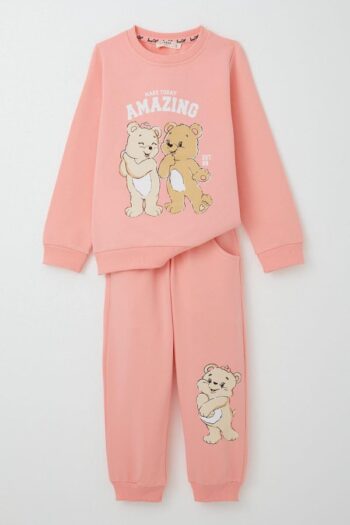 Girls' Tracksuit Set with Fun Bear Print in Salmon (Ages 1.5-5)