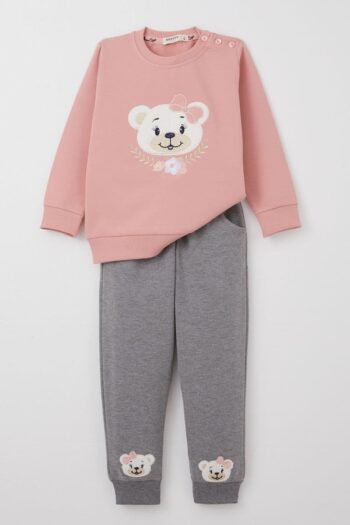Baby Girl Tracksuit Set with Cute Bear Embroidery and Floral Design in Dusty Pink (9 Months - 3 Years)