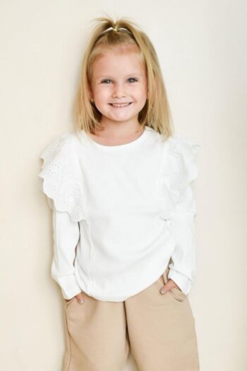 Girl's Long Sleeve Blouse with Lace Flower Embroidery in Ecru (Ages 3-7)