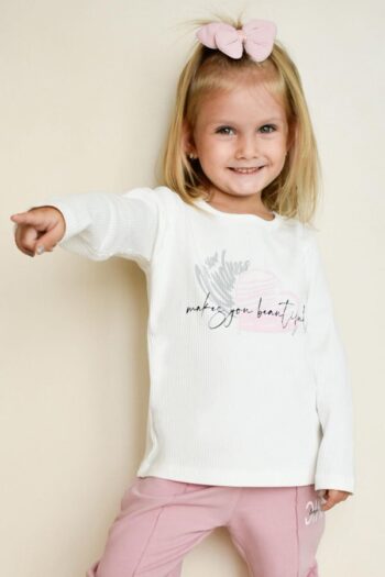 Girls' Long Sleeve T-Shirt with Heart Print in Ecru (Ages 4-8)