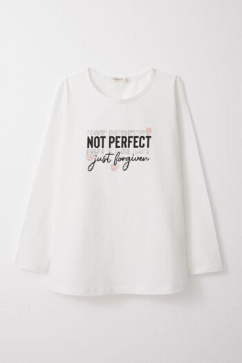 Girl's Long Sleeve T-Shirt with Printed Text and Studs in Ecru (Age 9-14)