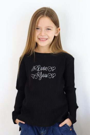 Girl's Long Sleeve T-Shirt with Embroidery Print in Black (Ages 6-12)