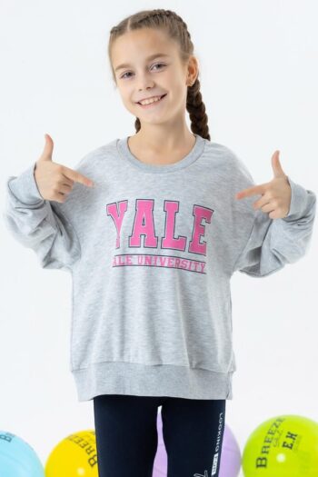 Girl's Printed Gray Melange Sweatshirt (Ages 8-14)