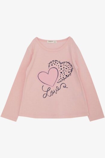 Girls' Long Sleeve T-Shirt with Houndstooth Dots and Printed Heart, Pink (Ages 3-8)