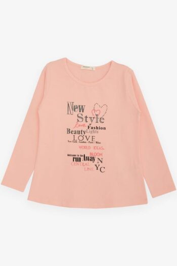 Girls' Long Sleeve T-Shirt with Fashion-Themed Print in Salmon (Ages 6-12)