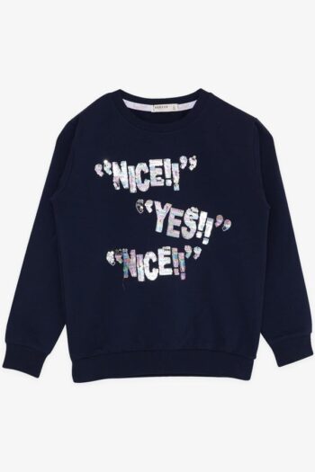 Girls' Sweatshirt with Sequin Printed Text in Navy Blue (Ages 8-12)