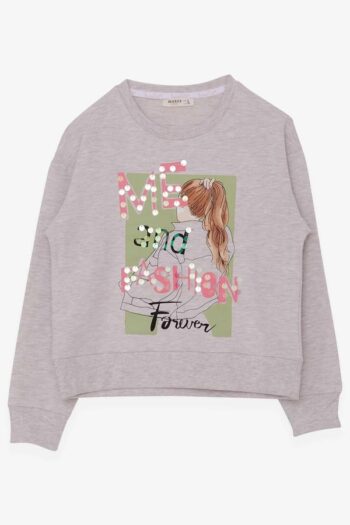 Girl's Sweatshirt with Sequined Print in Beige Melange (Ages 8-14)