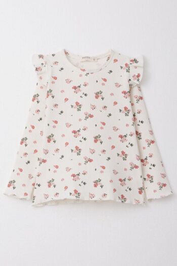 Girl's Long Sleeve Floral Ruffled Shoulder White T-Shirt (Ages 2-5)