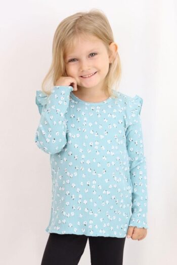 Girls' Long Sleeve T-Shirt with Ruffled Shoulders in Floral Pattern - Aqua Green (Ages 2-6)