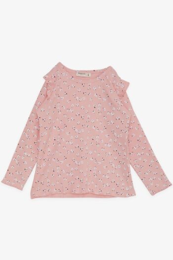 Girls' Long-Sleeve T-Shirt with Ruffled Shoulders and Floral Pattern in Salmon (Ages 2-6)