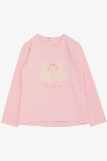 Pink Long Sleeve T-Shirt with Embossed Embroidery and Swan Print for Girls (Ages 2-6)