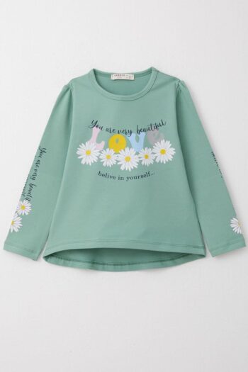 Girls' Long Sleeve T-Shirt with Colorful Print and Flower Design in Mint Green (3-6 Years)