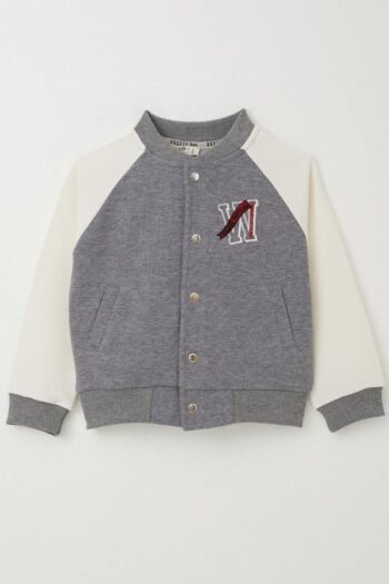 Boys' College Jacket with Letter Embroidery and Snap Fasteners in Grey Melange (Ages 3-7)