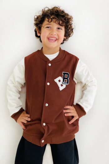 Boys' College Jacket with Letter Embroidery and Snap Buttons in Brown (Ages 3-5)