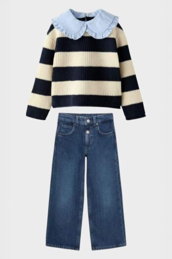 Miniğimin Cicileri Striped Knit Denim Collar (Ages 2-10) Girls' 2-Piece Set - Black Cream