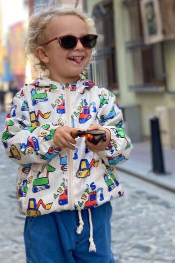 Boys' Rain Jacket with Construction Vehicle Print Cream (Ages 1-4)