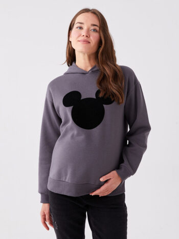 LCWAIKIKI Maternity Gray Mickey Mouse Printed Long Sleeve Oversized Maternity Hoodie