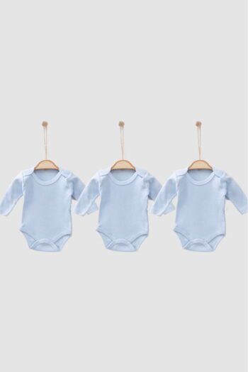 Bamoola %100 Organic Cotton Plain Blue 3-Pack Bodysuit - Long Sleeve - Snap Closure