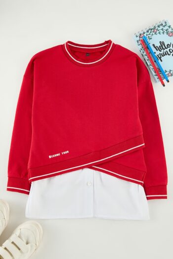 TRENDYOLKIDS Red Color Block Knitted Sweatshirt TKDAW25SW00045