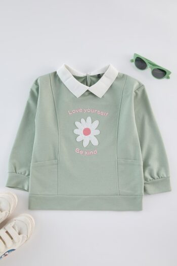 TRENDYOLKIDS Mint Floral Knitted Sweatshirt for Girls TKDAW25SW00027