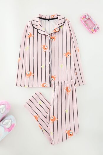 TRENDYOLKIDS Powder Pink Girl's Printed Pajama Set Knit Top-Bottom Set TKDAW25AU00126