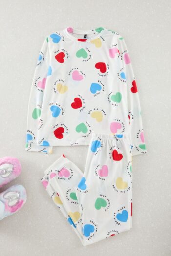 TRENDYOLKIDS Off-White Heart Printed Pajama Set for Girls TKDAW25AU00130
