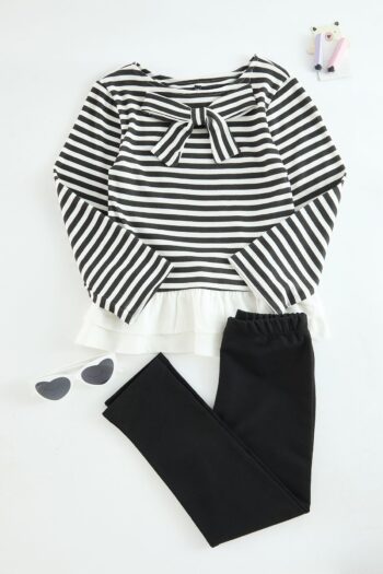 TRENDYOLKIDS Black Striped Cotton Knit Two-Piece Set TKDAW25AU00053