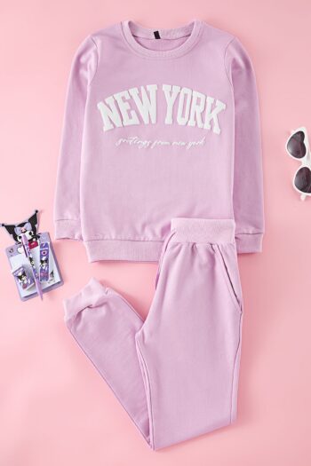 TRENDYOLKIDS Lilac Slogan Knit Top and Bottom Set TKDAW25AU00038