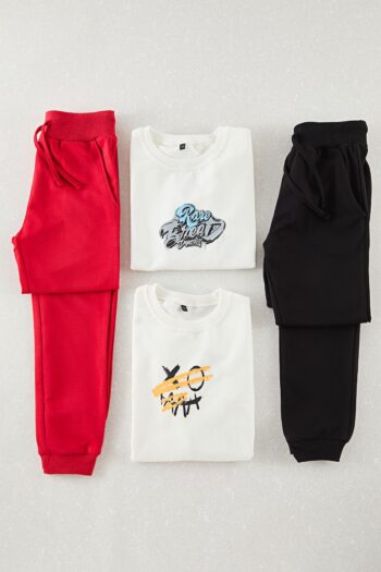 TRENDYOLKIDS White-Multicolored 4-Piece Boys' Printed Sweatshirt and Sweatpants Set TKDAW25AU00091
